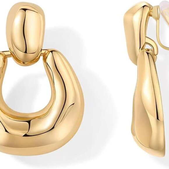 Clip On Earrings Gold-Plated Brass Hoop Hypoallergenic Statement Jewelry - Picture 1 of 6